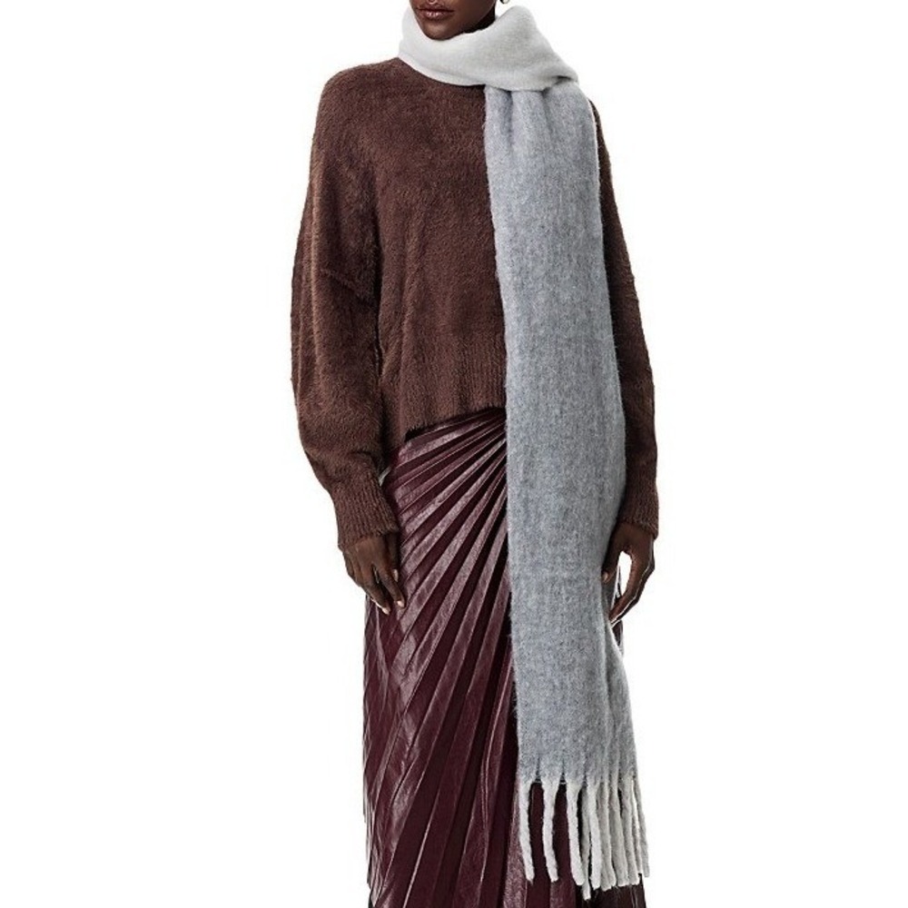 AQUA Women Scarf OS Grey Ombre Two Tone Colorblock Fuzzy Fringed Cozy Wrap NWT
